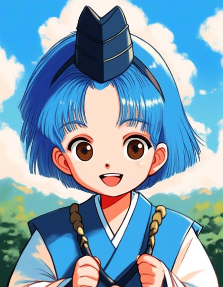 Kuku_Low_Tam, 1boy, solo, blue hair, short hair, hat, bangs, brown eyes, hairband, hair ornament, child, pom pom (clothes), long sleeves, japanese clothes,