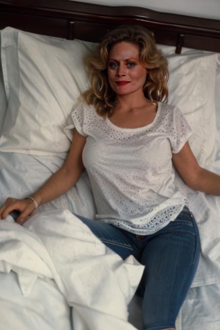 A (sfw:99.4) photo of slim beverlydangelo woman wearing (tight jeans:3.0) and a white t-shirt, stretched out on a messy bed, looking at viewer, (masterpiece:1.2), (best quality:1.2), ultra high res, beautiful, (intricate details), unity 8k wallpaper, ultra detailed, aesthetic, perfect lighting, professional photograph, Zeiss 50mm F8, award-winning photo