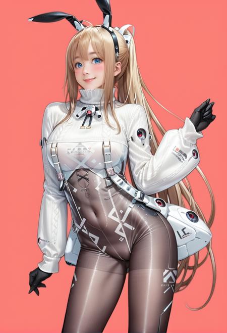 lipps,black gloves,blue eyes,bodystocking,fake animal ears,dress,impossible clothes,long sleeves,see-through,turtleneck,bodysuit,white jacket,ponytail,very long hair,turtleneck sweater