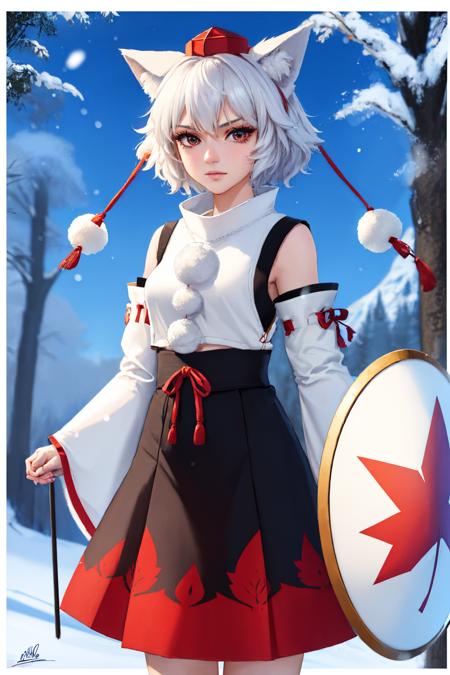 (masterpiece, best quality:1.2), snowing, solo, 1girl, inubashiri momiji, serious, looking at viewer, shield, holding shield, maple leaf, tokin hat, shirt, pom pom \(clothes\), detached sleeves, skirt, wolf tail, forest <lora:touhou_inubashiri-11:1> <lora:UnlimitedBladeWorks1.6:0.9>