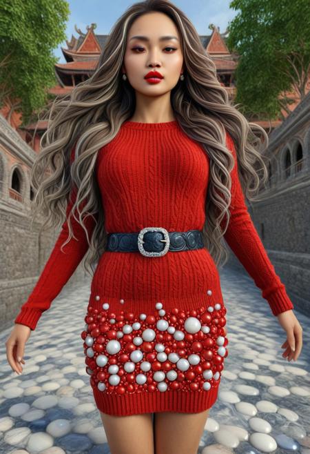 Cambodian woman, asian features, long hair, small waist, An extreme photorealistic upper body shot, She has long voluminous flowing two-tone hair, hair with striking unrealistic beauty. red lips, the skin has tiny imperfections like pores, faint freckles, and slight skin texture variations to add realism. Realistic lip texture with soft lines, slight gloss, and natural color variation. Realistically detailed tear ducts, slightly moist, enhancing the natural appearance of the eyes. Faint, barely visible veins under the eyes, adding depth and authenticity to the skin. Individually rendered eyebrow hairs with natural variation in direction, length, and thickness. Variation in hair strand thickness, with some thinner and finer than others, Gothic castlemade of marbles, lively, luminescent, fully dressed, (long red sweaterdress made of marbles:1.8), (white belt), (castle:1.4), (outdoors:2), CZC, FULL BODY, CLOTHED, hands behind the head, her agile pose proves her ability to be athletic, dynamic pose, semi side view.