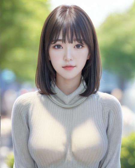 pureerosface_v1:0.3, best quality, photorealistic, 8k, high res, full color, 1girl, woman, 20 years old woman, (closed mouth:1.43), (skindentation), (portrait:0.6), trees, park bench, daylight, ((park background:1.52)), full color, ((necksweater:1.68)), looking at viewer:1.8, (1girl eyes looking at viewer:1.55), (medium-length hair, brownhair, partedbangs:1.45), (bokeh), <lora:AAW-wendy:0.65>