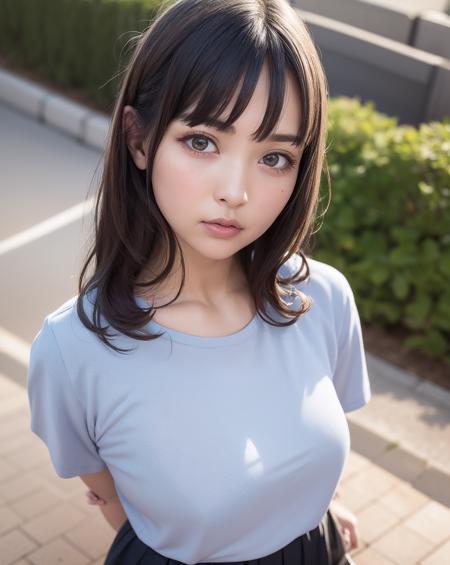 1girl, parted lips, 
looking at viewer,outdoors,shirt,skirt,
unparalleled masterpiece, ultra realistic 8k CG, clean, beautiful face,  <lora:UesakaSumire_LoCon:0.45>