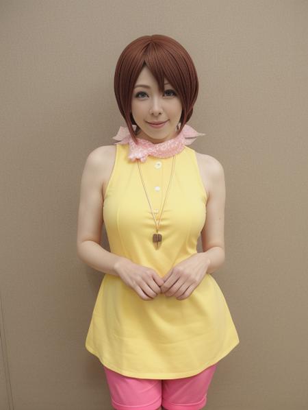 best quality, masterpiece, highres, detailed, perfect anatomy,  <lora:Detail - add_detail:0.2>, HikariDigi,  <lora:HikariDigi:1>, yellow dress, pink pants, happy, 30 year old woman, cosplaying as HikariDigi, anime convention, indoors,