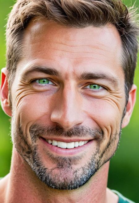 man, male, AndrwTggrt, face shot, 42 years old, looking at viewer, handsome, beautiful, attractive,  green eyes, brown hair, smile, eyebrow's piercing