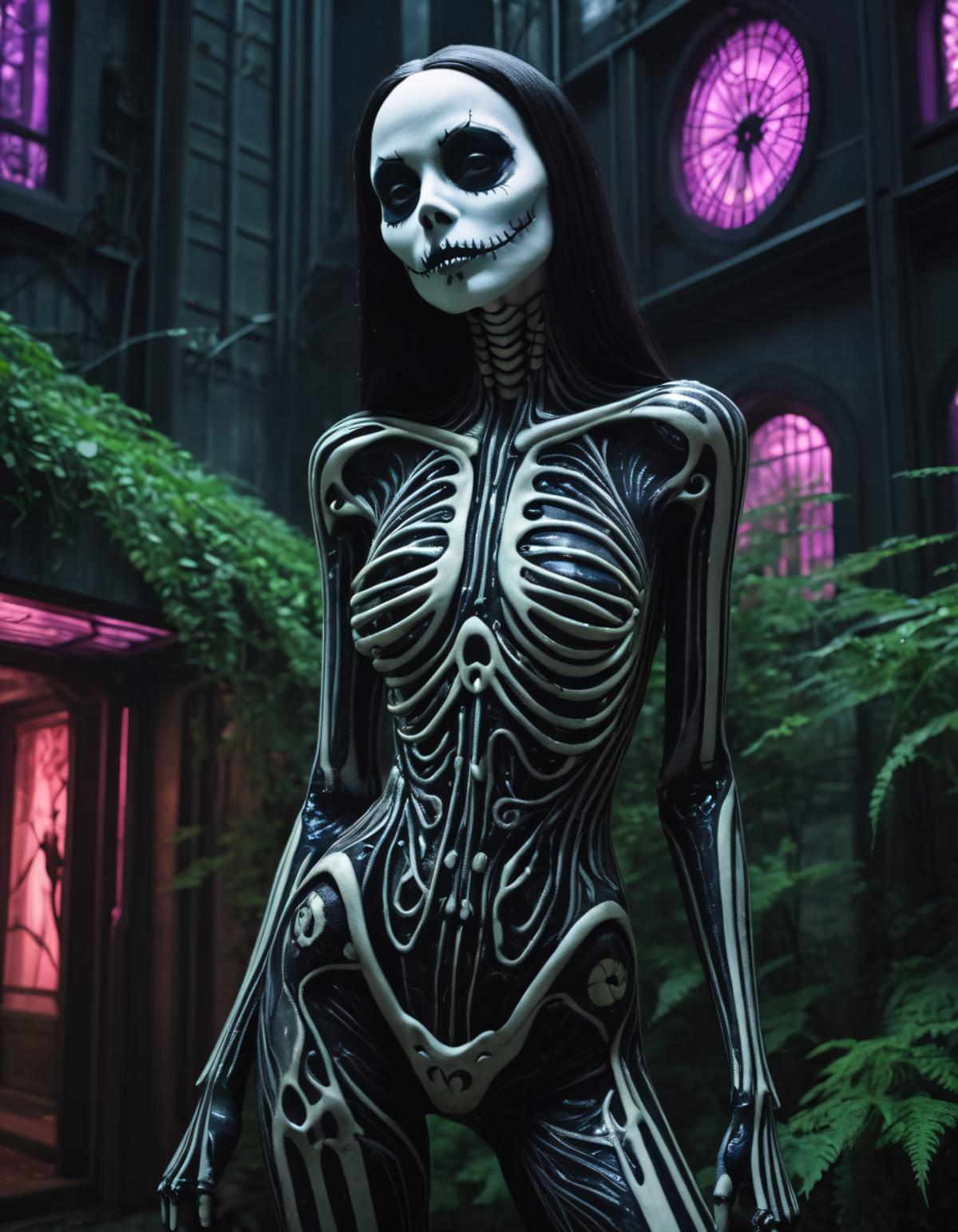 A skeleton woman posing in a dark and eerie setting.
