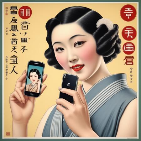 A photorealistic image that combines the vintage allure of a 1930s Japanese product poster with the modernity of smartphones. The central figure should be a model dressed in 1930s Japanese fashion, holding a smartphone prominently. Instead of traditional products like medicine bottles or jars commonly seen in vintage advertisements, the background should feature various models of smartphones, each displayed elegantly. These smartphones could be showcased on pedestals or floating in the air, adorned with art deco elements or traditional Japanese patterns. The color scheme should blend the vintage and modern aesthetics seamlessly. The model's expression should be inviting, and the lighting should effectively highlight both the model and the smartphones,<lora:oldjpposter:0.35>