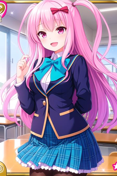 (masterpiece, best quality), highly detailed background, perfect lightingbest quality, kagamimatsuri, solo, indoors, classroom, pink hair, hair bow, red bow, two side up, very long hair, pink eyes, blue jacket, blazer, white shirt, blue bowtie, <lora:GoodHands-vanilla:1>, blue skirt, plaid skirt, school uniform, black pantyhose, smile, open mouth, :d, pink lips, <lora:Kagami-Matsuri:0.7>