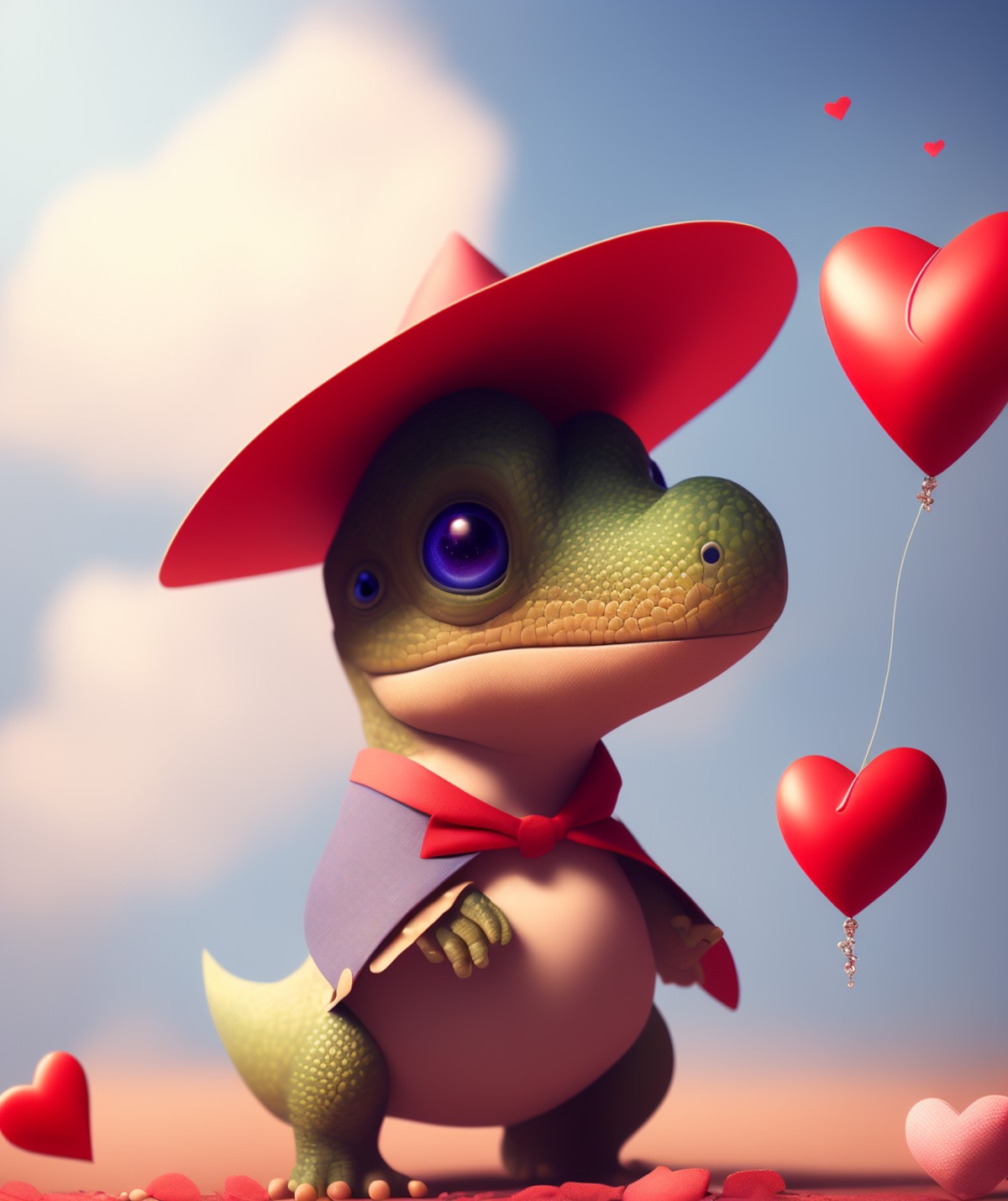 super cute dicuki with a big hat, in valentine's day, heart, clouds  beautiful, cute , 4k, detailed , digital art, trendin...