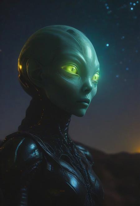 Ultrarealistic. sharp focus, dynamic lighting. play of light, reflection, refraction, Raytracing, Ultra detailed. Alien themed. alienworld. Feminine humanoid alien, outdoors, scenery, starry night sky,