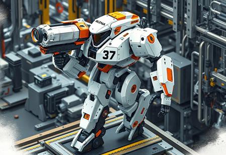 Super detailed Neo Super Quantal Mech King Blaster Magna on machine assembly line. White mech with orange & black accents. Large gun held, left hand on hip. Number "37" on body. Cinematic, isometric, dynamic pose. Trending on Artstation, splash ink illustration, octane render, Unreal Engine 5, Raphael style, Houdini style. 4k, high-res, golden ratio, captivating lighting.