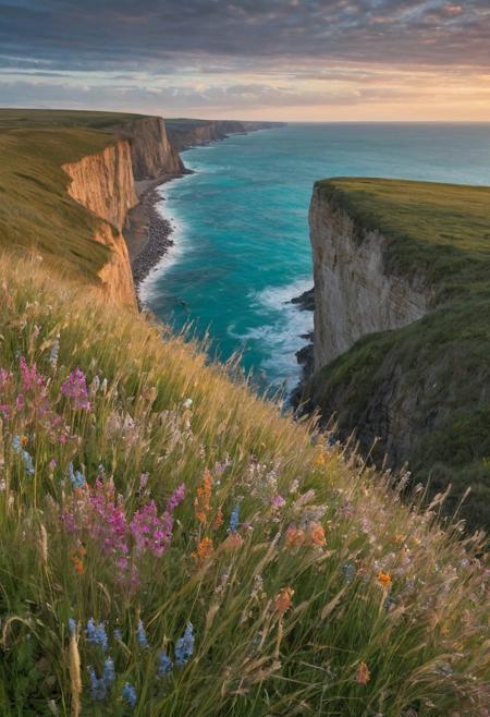 fine details.
a seaside cliff perspective. In the foreground, vibrant wildflowers sway in the breeze. The middle-ground showcases steep cliffs dropping into the turquoise sea. In the background, the horizon meets a pastel sunset.a man crossing the wheat field grass, in stormy weather,