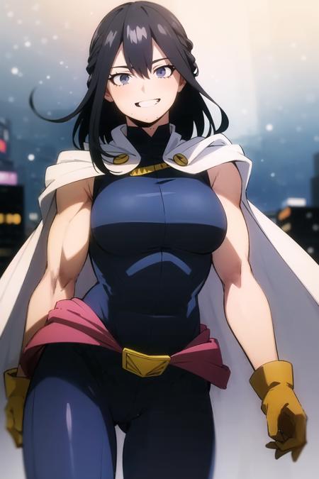 (masterpiece, best quality:1.4), cinematic light, colorful, high contrast, (1girl), NanaShimura, boku no hero academia,  <lora:NanaShimuraMHA-v1-1:1>, black hair, mole under mouth, large breasts, detailed eyes, (blue eyes), hair between eyes, sleeveless, black bodysuit, red belt, white cape, yellow gloves, in the city, night, stars, muscular female, smile