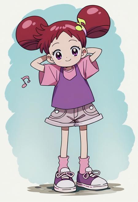 Doremi2, 1girl, short red hair, purple eyes, odango hairbuns fuchsia pearl earrings pink witch hat, fuchsia hat band with yellow musical note layered short-sleeve pink dress, rainbow pearl circle chest badge fuchsia gloves with white accents rainbow pearl wristband fuchsia white boots