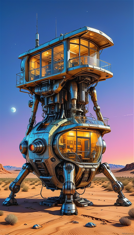 (cel-shading:2)+, (in ARTIST style:1.6), (masterpiece:1.7), hyperrealism, glossy, shinny, night:2,
clear image, accurate picture, clear picture, precise image, focused image, Science fiction style, Science fiction, neon, glowing neon,
(glass and wood house with cozy comfy living space inside) on mechanical legs, science fiction, aquarium on mechanical legs focus, night desert background, mecha, 
comic style, (ultra sharp focus:2), (thin lines:2),
(best quality:1.8),
<lora:Apparatus_-_Traction_City_Walkers_Vehicles:0.8>,
