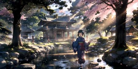 (1girl), masterpiece, best quality, highly detailed background, side lighting, BREAK [(1girl, solo:1.5):1girl,solo:10], looking at viewer, traditional clothing, kimono, japanese clothes, kimono, wide sleeves, obi,wooden sandals, hairband, jade hair ornament, light blush, flat chest, BREAK serene forest, ancient shrines, moss-covered temple, stone lanterns, blooming cherry blossoms, tall cedar trees, early morning sunlight, calm stream, koi fish,  gentle breeze, distant mountains, cloud wisps, peaceful atmosphere