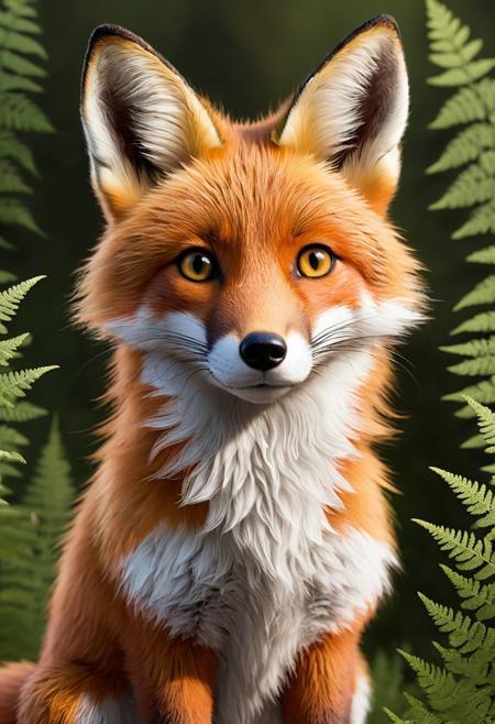 A small, cartoon-like, illustrated, charming fox named Fern with soft, reddish-brown fur, a bushy white-tipped tail, and curious, wide amber eyes. Fern has a gentle, kind expression, with his ears perked up in attention.