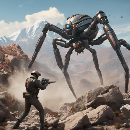 atomic style<lora:Aheart:0.5> a person holding a gun and aiming a gun at a giant robot spider in a rocky area with a mountain in the background