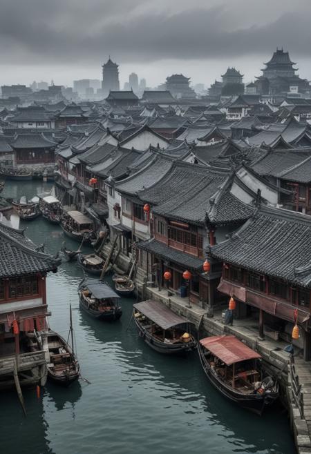 masterpiece, photorealistic, medieval china, port town, bustling town, chinese architecture, ships, grey skies, wet, sea, jetty