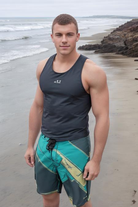 RAW photo, face portrait of sc_joshua on a beach near the ocean and sand (wearing tank top) and swim shorts <lora:SC_Joshua-10:1> , 8k uhd, dslr, soft lighting, high quality, film grain, Fujifilm XT3