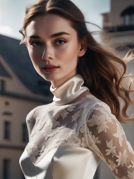 close up photo of adr, excited, turtleneck white silk and lace dress, sexy, beautiful, young, dslr, 8k, 4k, ultrarealistic, realistic, natural skin, textured skin