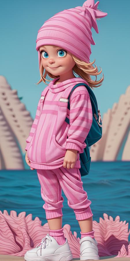 1girl, <lora:Edith_Gru:1>  Pink knitted beanie, smug or content expression, round blue eyes, pinkish skin tone, pink and white striped shirt, black backpack straps visible, (ocean:1.5), sand, palms, sun, dark purple pants, white shoes, (child:1.2)