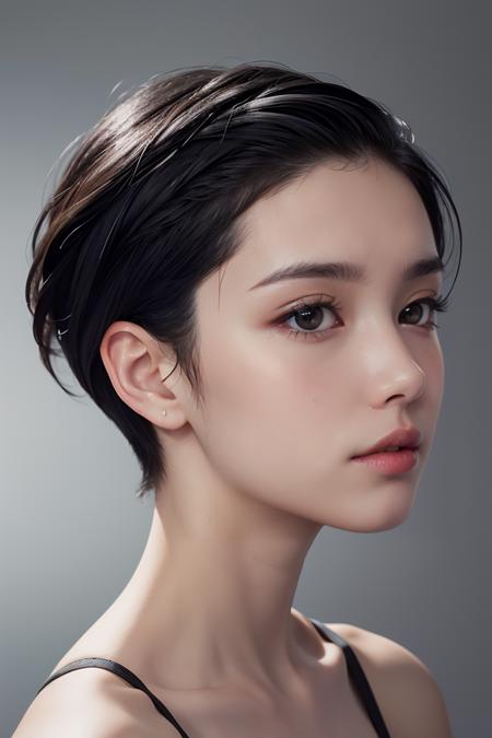 natural skin,(close-up:1.0) photo of as (young:1.0) woman, (oiled skin:1.0), (tilted angle shot:1.0), (slick undercut hair:1.2), (8k uhd:1.0), (best quality:1.0), (masterpiece:1.0), (sharp focus:1.0), (basic grey backdrop:1.0), <lora:GoodHands-beta2:1>