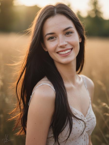 award winning photo, joy19, delicate, beautiful, portrait, freckles, long black hair, cute smile, cinematic, bokeh, film grain, golden hour, cheerful, dynamic pose