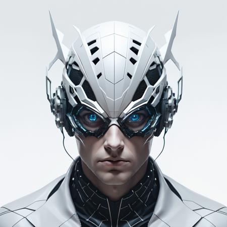 <lora:m0in:1> peter parker with cyber helmet and cyber eyes, portrait in the style of m01n over white background