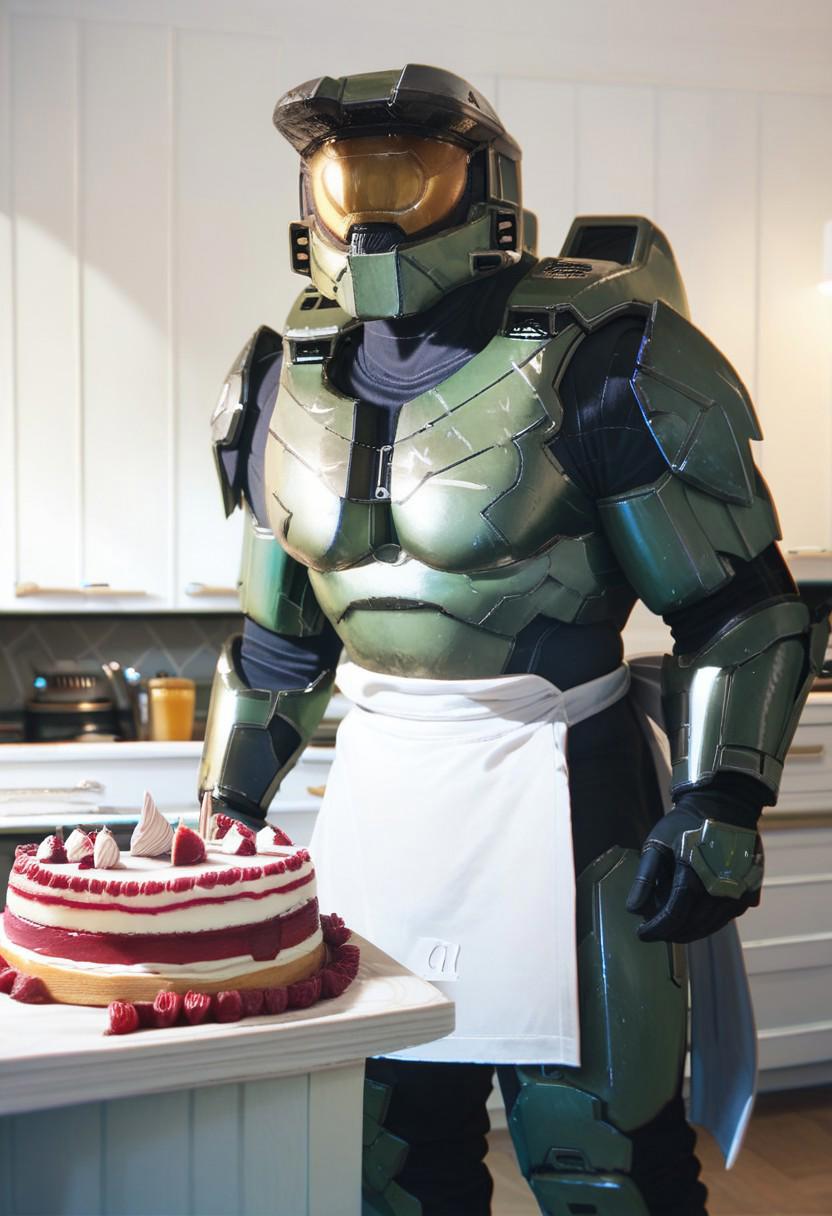 score_9, score_8_up, score_7_up, score_6_up, (2Wonderful), male, masterchief, helmet, visor, power armor, kitchen, apron, cake, looking at viewer