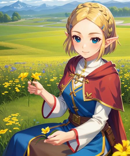 portrait, (adult woman), sitting, picking flowers, (1girl, solo), smile, (blonde hair), ((field, rolling hills)), (distant mountains), ((best quality, high detail)), ((masterpiece)),  <lora:zelda_shorthair_v5:0.35> zelda\(princess\), hairclip, cape, <lora:1_izumitsubasa_4e:1>