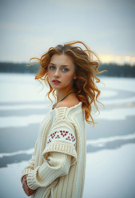 monochrome landscape, faded colors,fashion shot,  (chilly atmosphere:1.3), low contrast, dimly lit empty scenery,  beautiful girl with curls and freckles, (ginger hair), (hyperrealism:1.2), (8K UHD:1.2), (photorealistic:1.2), messy hair,, standing in water, snow, cold, (beauty portrait:1.1) , full body
