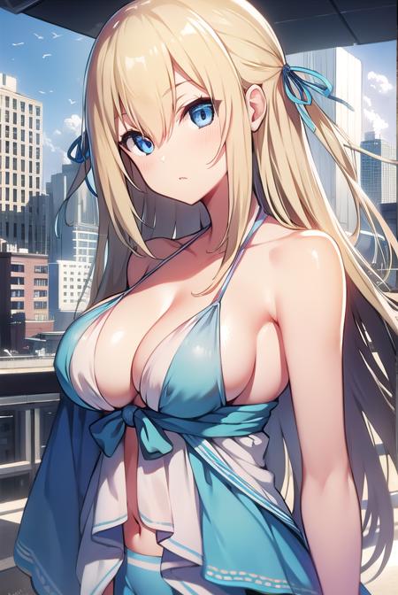 sylphy, blonde hair, blue eyes, hair ribbon, long hair, ribbon, two side up, cleavage, shorts, short shorts, blue shorts,