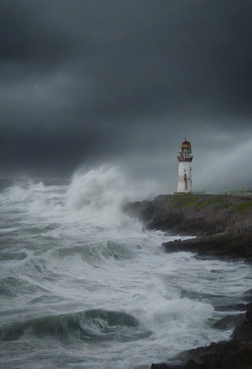 a scenic view of a lighthouse on a rocky shore, thunderstorm, violent waves crashing against the shore, dark clouds