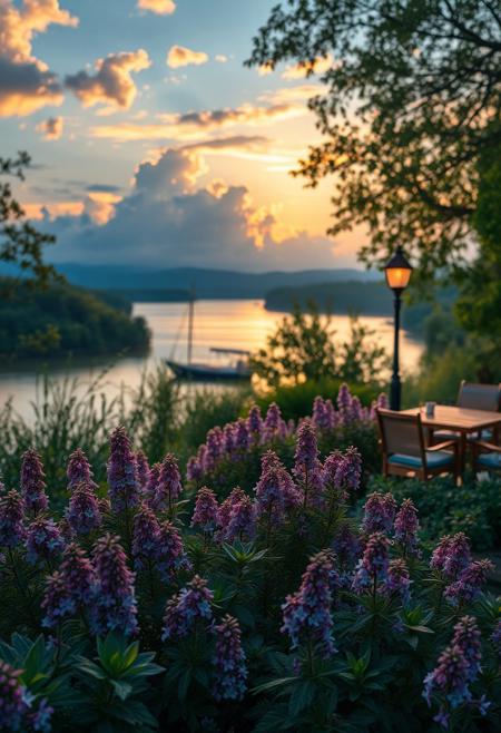 detailed background,( Calm spring night landscape), amongst lush greenery, beautiful view, creeping phlox in full bloom, creeping phlox, early morning, sunrise sky, beautiful clouds, dappled sunlight, outdoor seating, one lamp, Tranquil Lake, Boat on a Lake, depth of field, masterpiece, best quality, ultra-detailed, very aesthetic, illustration, perfect composition, intricate details, absurdres, moody lighting, wisps of light, no humans,