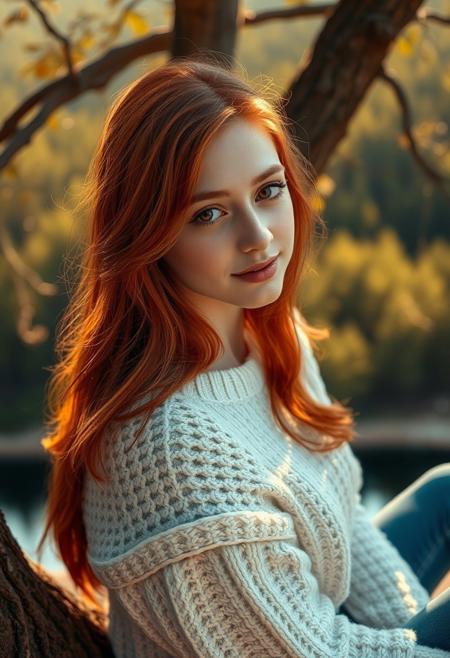 A surreal and hyper-realistic scene featuring a classical beauty with beautiful ginger hair, wearing blue jeans and a white jumper. The intricate details of her attire are highlighted, set against a dreamy, ethereal lake background. The scene is illuminated with soft, magical lighting, enhancing the otherworldly and enchanting atmosphere, sitting in a tree overlooking the forest and lake. It is sunny.
surreal, hyper-realistic, classical beauty, blue jeans, white cozy jumper, beautiful (deep dark brown) eyes, pale white skin, pale skin, intricate details, dreamy background, ethereal, warm magical lighting, warm lighting, enchanting, visually stunning, high quality, detailed, sharp clarity, breathtaking, elegant, graceful, relaxed, small gentle smile, cute, redhead, sexy, cute hairstyle, 
looking at viewer, long hair, pretty girl, small medium breasts, beautiful girl,