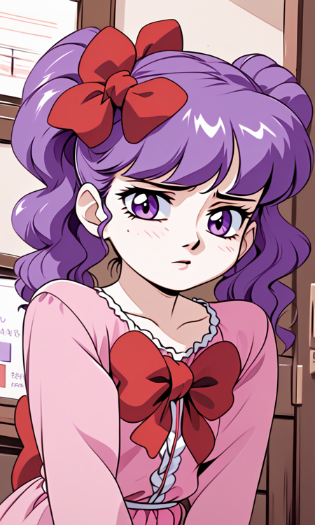 4s4kur4M4n4m1ISS, purple hair, red bow on head, purple eyes, pink dress, red bow on the chest, glasses