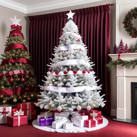Exquisite white christmas with purple-red silk, beautiful christmas tree with diamond star with green tree and rubies