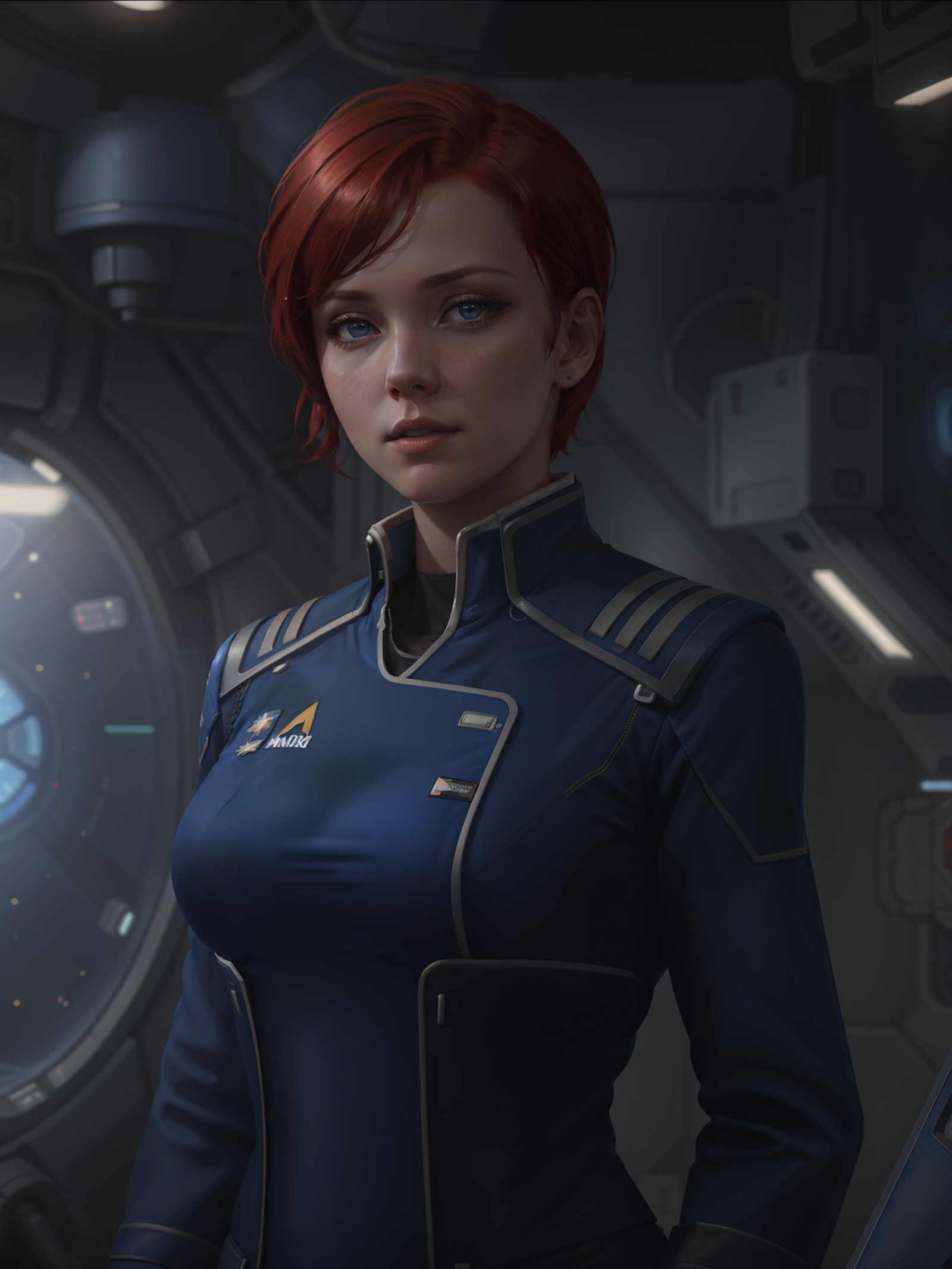 a woman with short red hair wearing (blue allianceuniform) in a space station, cute face, realistic skin, dramatic lightin...
