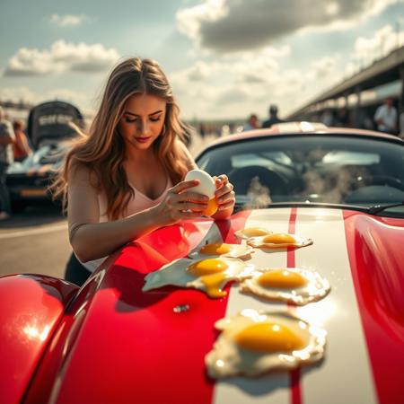 A striking paddock girl, poised and confident, cracks an egg against the gleaming hood of a supercar. The sun glints off the polished surface as several golden sunny-side-up eggs sizzle and steam, creating a surreal scene of culinary defiance amidst the roar of engines and the thrill of the race