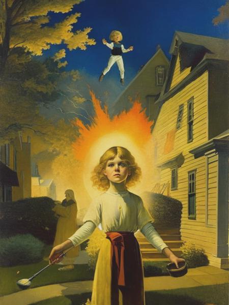 <lyco:JessieWillcoxSmith:1.0> painting of a blonder girl performing a sacrifice in a suburban neighborhood, terrifying, scary and surreal, sci-fi, sci-fi poster, Jessie Willcox Smith painting