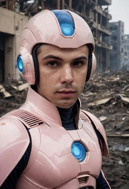 Portrait Photo of a ((((pink gelatine translucid :1.5))megaman:1.4)), who is standing looking at how his beach has been destroyed by a nuclear bomb. He has just arrived at the disaster and observes the horror of the destruction, ruined buildings full of smoke and flames, ground full of rubble with skeletons lying around In the dawn light floods the scene, the man is completely dressed in normal clothes and wet, he is dirty, everything is a disaster, the sky is cloudy and it is raining,(beautiful face:1.6), Fujifilm XT3,film still,film grain,cinematic,soldier accessories,war style, professional photo,best quality and best aesthetic,Award-winning artistic photos,Outdoors,public places,( detailed in background:1.6)Perfil,18-20 (dirty:1.8)