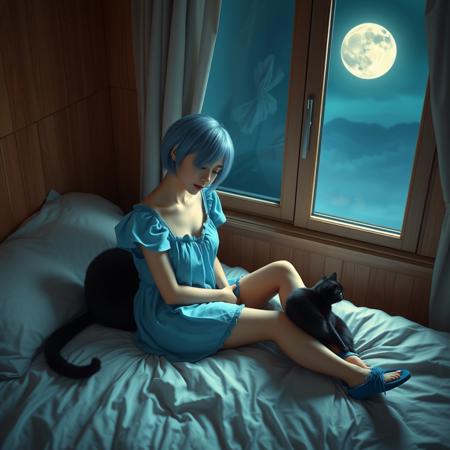 high quality, 8K Ultra HD. a woman with short blue hair sits on her bed, she is wearing a short blue nightdress and blue slippers, a black cat is sat with her, moonlight comes through a window illuminating the scene, long shot, deep focus, high level view