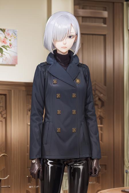 (masterpiece, best quality:1.2), <lora:sxf_frost-14:1.0>, cowboy shot, solo, 1girl, fiona frost, expressionless, closed mouth, short white hair, hair over one eye, purple eyes, coat, black pants, gloves