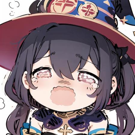 chibi, 1girl, sketch, solo, black hair, closed eyes, witch hat, mona genshin impact, open mouth, smug smile, white background <lora:Sesield:1>