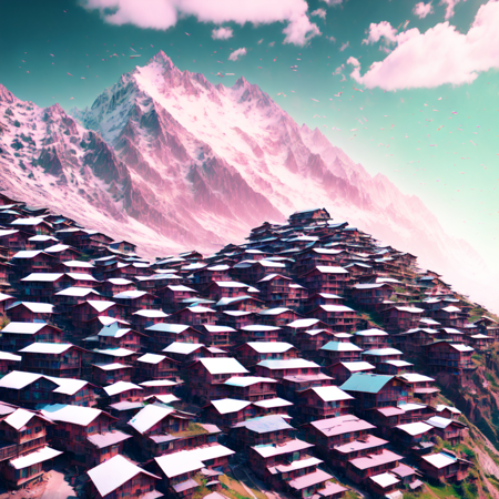 photo, mountain village with lots of houses on top of it (glitchslums style:1) <lora:djzGlitchSlumsV21:1>