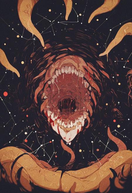 score_9, score_8_up, score_7_up, score_6_up, score_5_up, score_4_up,
a dark priestess kneels in prayer to a big black ominous God, ritual garbs, kneeling, lowered head, face down, paying obeisance, tentacles are ripping out from her body, tearing her flesh in the process, gore and blood, close-up, Starry Night, Constellation Discovery, dark environment, shadowy space, dark atmosphere, shady environment, ominous shadows, captured in motion, real gold background. Only 2 colors, real gold background and shadows