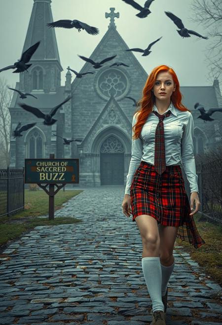 (masterpiece, ultra-detailed, high-resolution, cinematic lighting, photorealistic).
A hot redhead woman in red plaid skirt, white long sleeve button down shirt, uniform red plaid tie that matches skirt, knee high white socks,  sexy voluptuous body, beautiful face, is walking on cobblestone path  in front of an old gothic church, ravens flying around:0.8, mystery and dark:0.8, horror, foggy, old sign on pathway to church says “CHURCH OF THE SACRED BUZZ”:2.5,