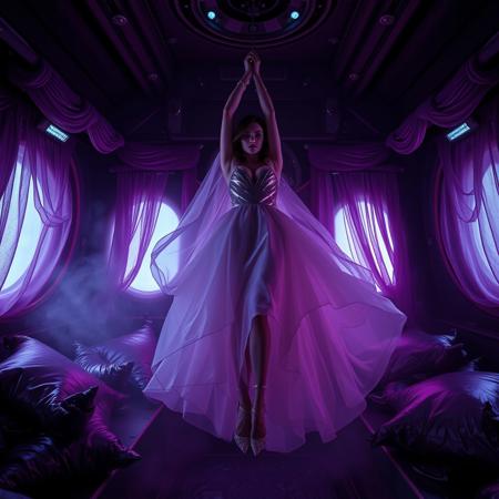 A poised and elegant slender lady, hanged by legs from celling, ankles cuffed,  legs up . draped in a mesmerizing, floor-length, transparent liquid slime gown, its full skirt resembling a giant, undulating jellyfish, its translucent bell-shaped form glistening with an ethereal sheen, complete with crystal-encrusted high heels that refract and reflect the dim, eerie light, and a flowing transparent slime cloak that seems to shift and writhe like a living entity, is situated within a dimly lit, spaceship boudoir cabin, surrounded by twisted, metallic purple pillows that seem to writhe and twist like alien appendages, as a creeping, eerie fog seeps from the floor, casting an otherworldly gloom, and horror, as if the very space itself is alive, and watching, with aliens lurking just out of sight, behind the slime-encrusted curtains that seem to pulse and throb like a malevolent heart, the entire scene captured in a stunning, cinematic film still, shot on a vintage v-raptor XL camera, with a distinctive film grain, a subtle vignette that draws the eye to the lady, and a rich, cinematic color grade that evokes the sense of a 35mm film masterpiece, post-processed to perfection, with dramatic, atmospheric lighting that casts long, ominous shadows, and an epic, stunning quality that's simply breathtaking, reminiscent of the works of H.R. Giger, Zdzisław Beksinski, and Ash Thorp.