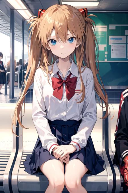 souryuu asuka langley, school uniform, jitome, ,subway station, sitting,looking at viewer, date a live, shy, disdain,